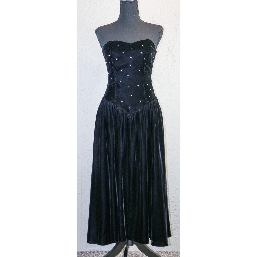 VTG Positively Ellyn Black Velvet Strapless Zip Sweetheart Rhinestone Dress Sz 6